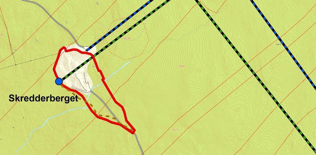 Brun stiplet linjer er ny adkomstvei fra påhugg til tipp.