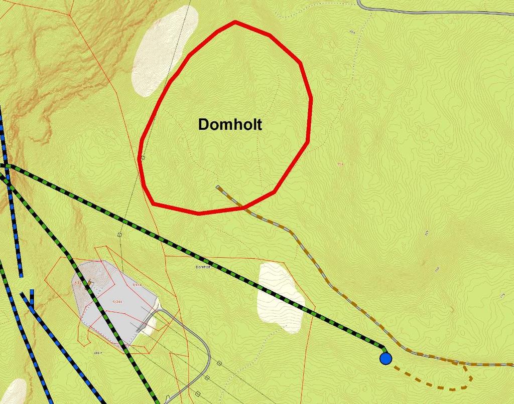 Figur 2-7 Tipplokalitet Domholt. Tippen er markert med rødt. Blå sirkel er påhugg og grøn strek ny tunnel. Brun stiplet linje er ny veg til påhugg frå eksisterande traktorveg. 2.2.7 Veier Adkomst til kraftstasjon vil ligge i tunnel og er omtalt i avsnitt 2.