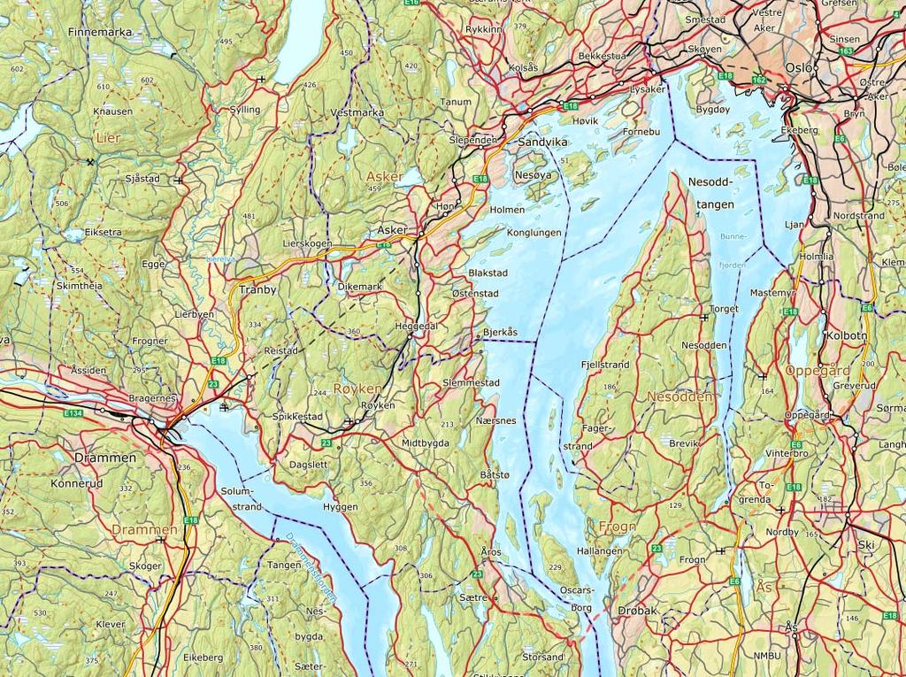 Figur 1-1 Oversiktskart som viser den kartlagte strekningen fra Røyken til Heggedal.