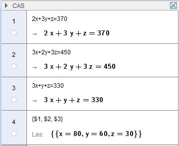 Algebra S Vi ka da sette i i likig i) og iii), og fie de adre ukjete i) x y 40 60 40 80 iii) z 330 3x y 330 380 60 30 Det betyr at kiloprise på moreller er 80 kroer, kiloprise på