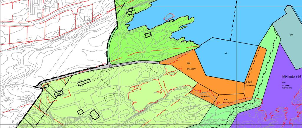 Uthus/naust/badehus - BUN1-3 Småbåtanlegg - BBS Det er satt av 3 områder for naust på til sammen 3,8 daa., og område for småbåtanlegg på 3,8 daa. Naust kan være på inntil 40 m2.