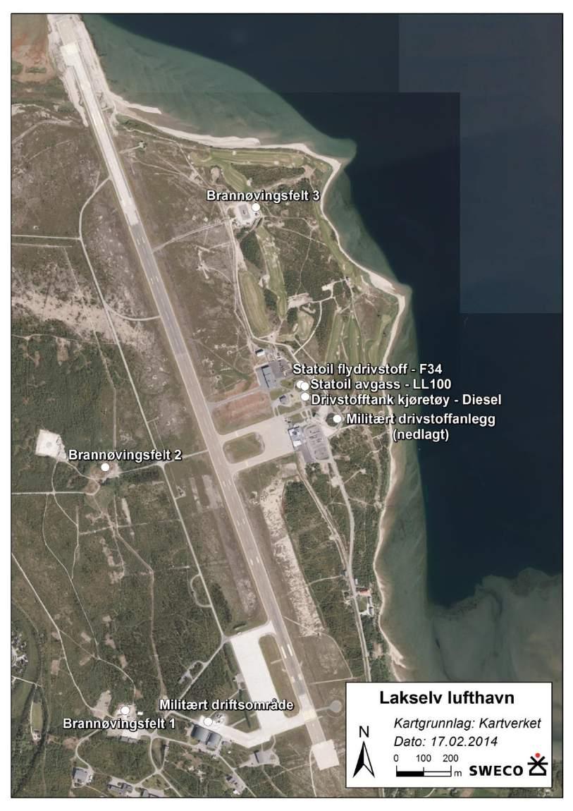 Figur 5-1. Oversikt over Lakselv lufthavn, Banak, med plassering av brannøvingsfelt og tankanlegg. 5.2 