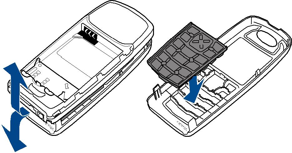 Hold baksiden av telefonen vendt mot deg, og trykk på utløserknappen for bakdekselet (1) og skyv bakdekselet av (2). Komme i gang 2.