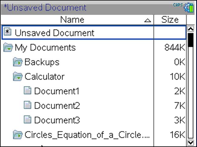 SkjermenMine dokumenter åpnes, og alle mappene og filene på grafregneren vises. For å sortere kolonner etter navn eller størrelse, klikk på tittelen til den kolonnen.