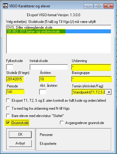 2.2 Januar-eksport Denne eksporten skal inneholde elever og karakterer. Merk at det denne gangen skal markeres for Avgangselever grunnskole.