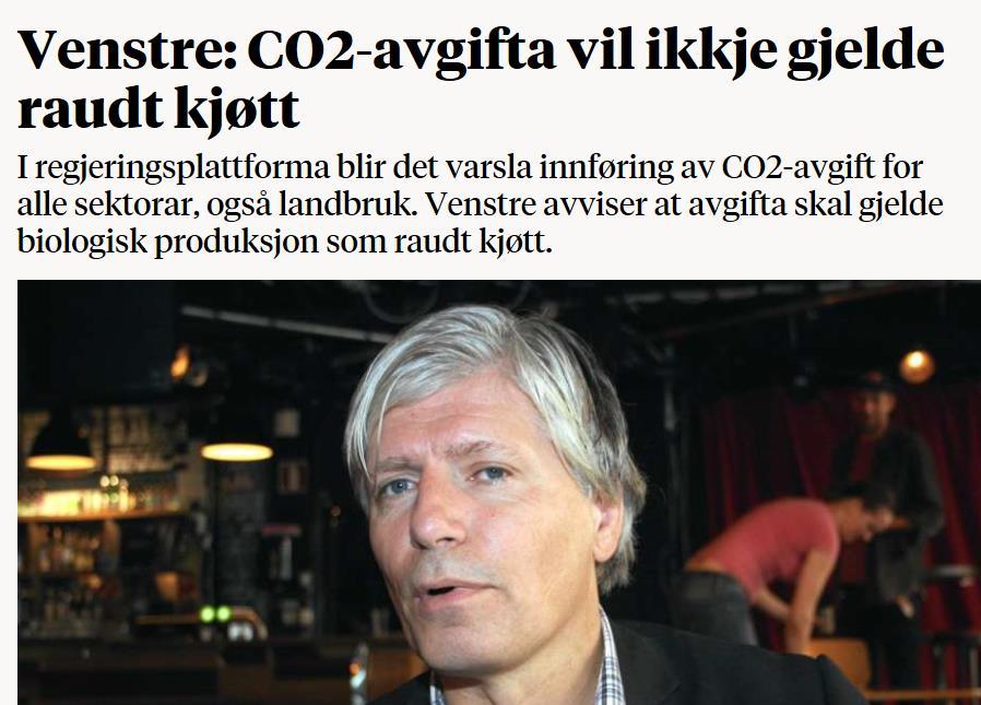 Klima Innføre flat CO2-avgift for alle sektorer på 500 kroner og trappe denne gradvis opp i perioden.