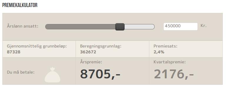 PREMIE 2,4% AV LØNN MELLOM 1 OG 7,1G Premiegrunnlaget er ansattes lønn (13-61 år) mellom 1 og 7,1 G.