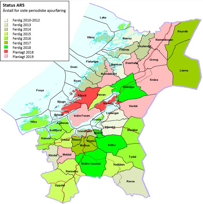 Figur 4: Status og planer for periodisk AR5-ajourhold. Detaljert AR5-status finnes på https://www.nibio.