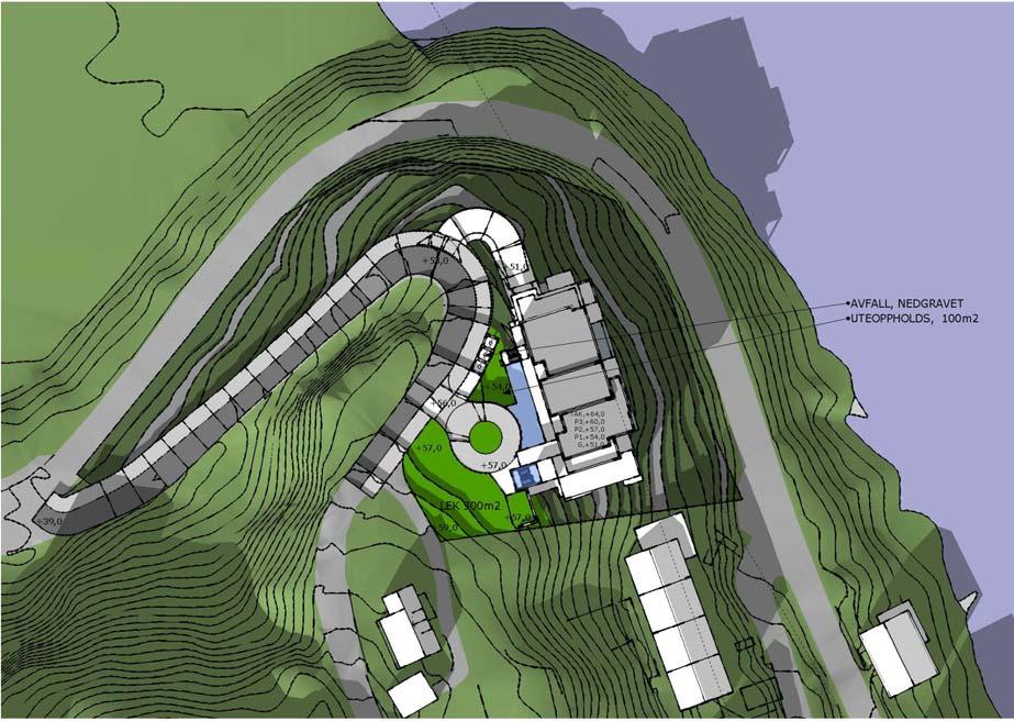 bruksareal på ca 2100 m 2 BR. Byggehøyder er planlagt opp til ca kote +64.