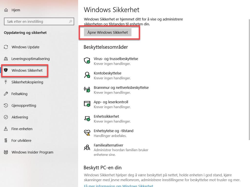 Trykk på «Windows Sikkerhet» og