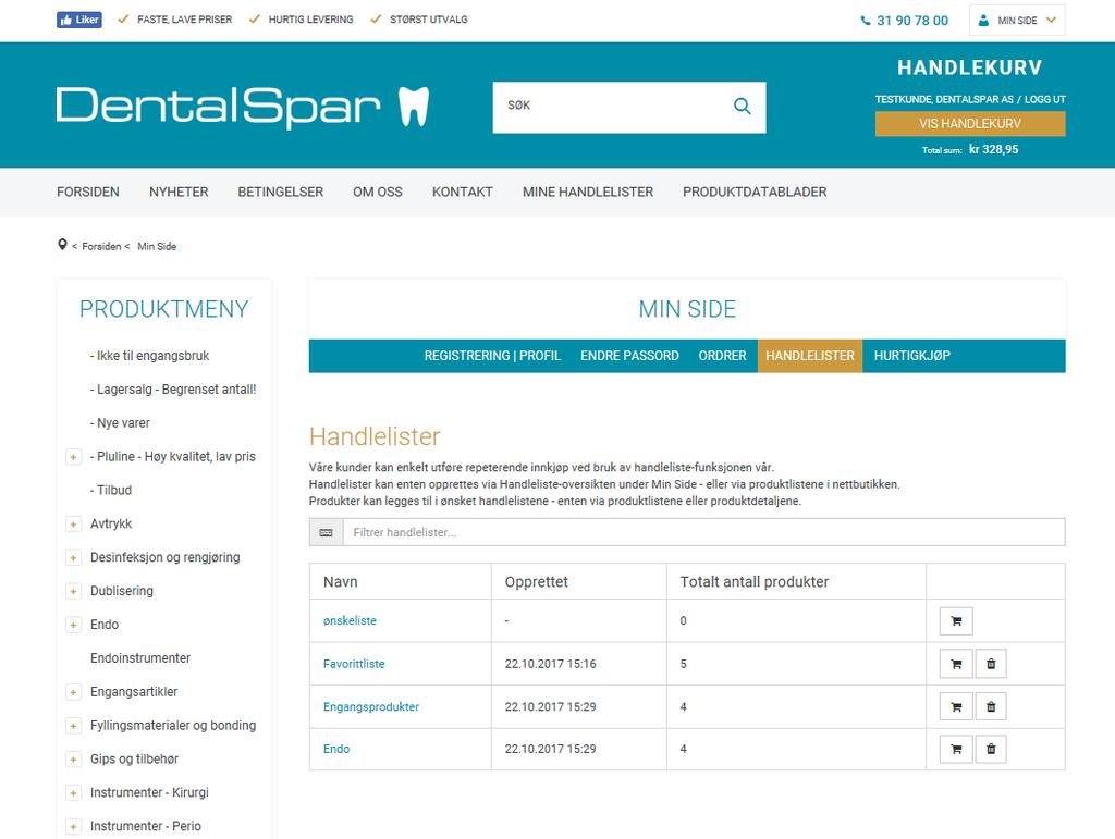 Kjøp fra Handlelister (Favorittlister) Når du er innlogget har du mulighet til å lage så mange handlelister (favorittlister) du ønsker.
