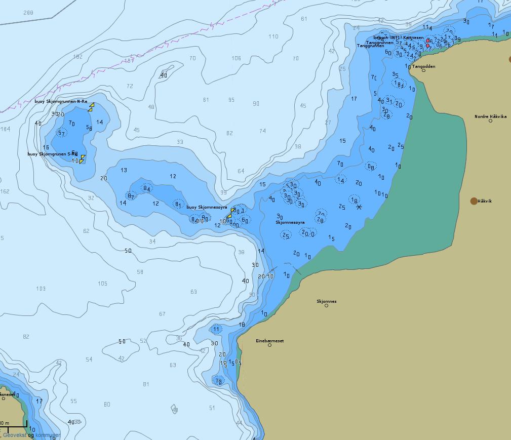 Håkvik Geotekniske undersøkelser/dybdeforhold/- grense forbelastet område (dekt av is- og jordmasser) Geoteam: Også mulig å fylle opp ved trinnvis oppfylling. Nærmere grunnundersøkelser tilrådes.