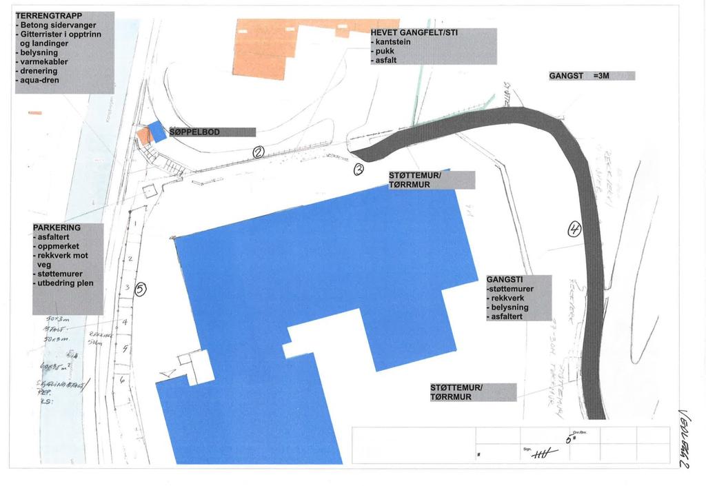 med opparbeiding av parkeringsareal med oppfylling, asfaltert, med sikkerhetsgjerde mot vegen og belysning. Disse kostnadene er senere estimert/kalkulert. Utbyggingsillustrasjon for sti datert 25.9.