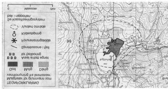 Fig. 1 Utsnitt av kartblad 2029 II Misvær (M711) som viser det vurderte området i tilknytning til Kåsmo/Vesterli. Berggrunnen rundt Kåsmo består av granitt og tonalitt.