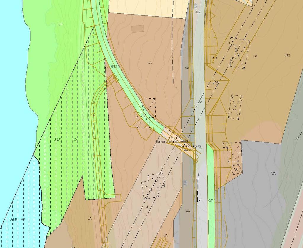 PLANSTAUS OG FORSLAG TIL ENDRINGER Figur 2 Gjeldende reguleringsplan med ny kjøreatkomst (og annen veggeometri) vist med brune linjer.