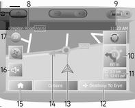 </]: Endre skala (zoom inn/ut) 7. Kompass (trykk for å bytte mellom 2D/3D-kartmodus) 8. Navn på neste store vei eller informasjon om veiskilt, hvis aktuelt 9. Gjeldende tid 10.