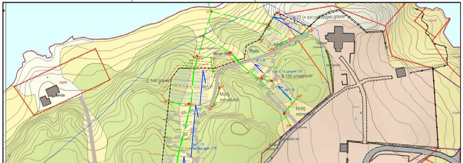 14 Figur 3 Kart som viser planlagte områder for kistegraver (grå rektangler), urnegraver (grå kvadrater), drenering (grønne streker) og adkomstveier (grå streker) og terrengets fallretning (blå
