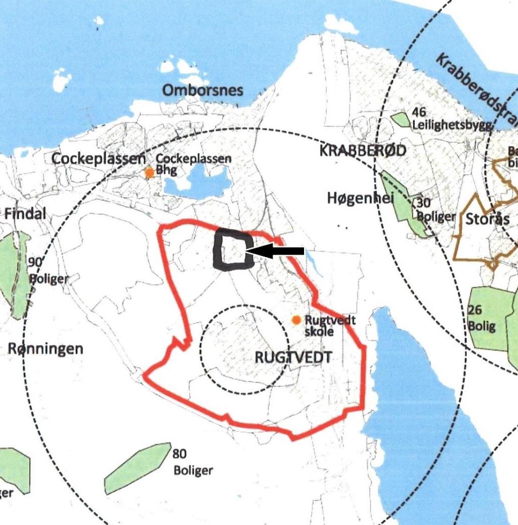 Bjerkenetunets beliggenhet innenfor Rugtvedt lokalsenter (utsnitt fra Arealdelens planbeskrivelse) Kommuneplanens arealdel legger opp til boligutbygging i Rugtvedt-området.
