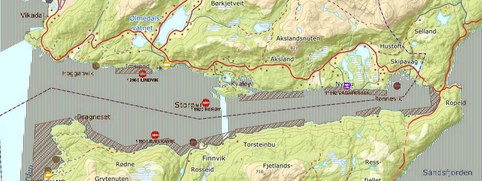 Figur 3 Kartutsnitt som viser gytefelt, gyteområde og fiskeplassar for passive reiskap i heile fjordarmen der Vågafossen er lokalisert. Anlegget er markert med lilla symbol.