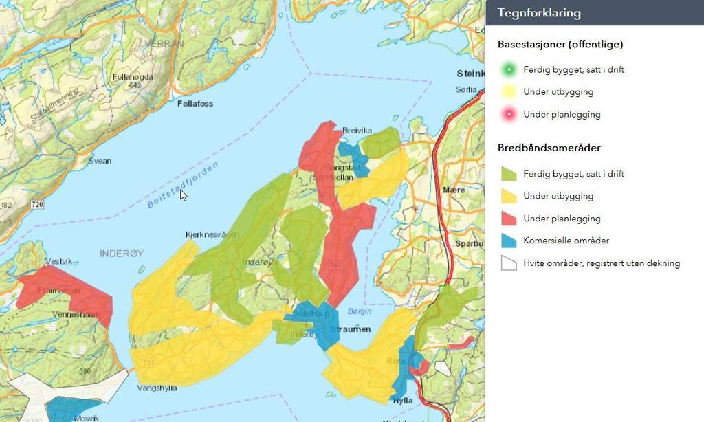 Måloppnåelse vil evalueres gjennom årlige dekningsundersøkelser. Ulike typer kart over bredbåndsområer i Trøndelag vil være viktige verktøy i arbeidet Figur 3.