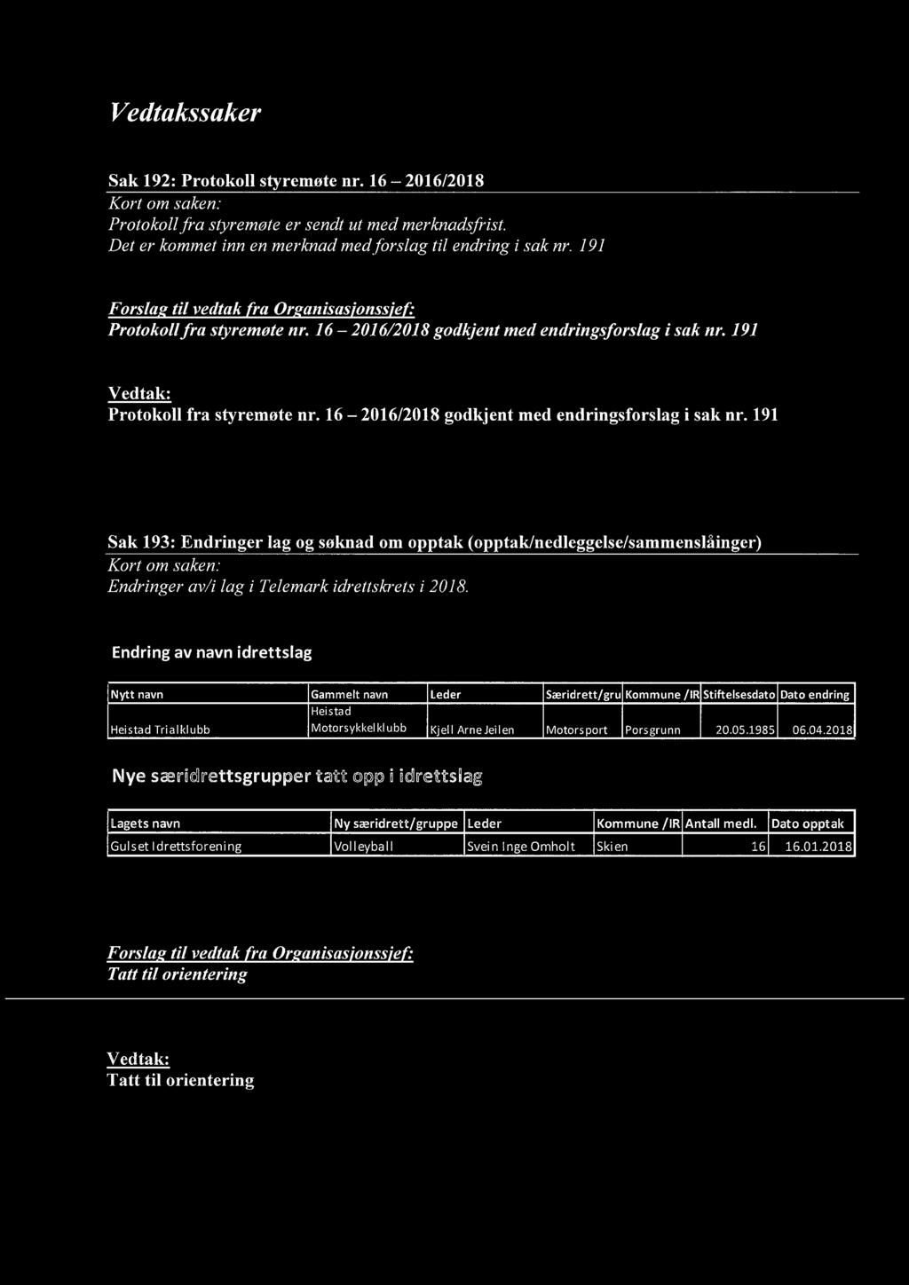 16 2016/2018 godkjent med endringsforslag i sak nr. 191 Sak 193: Endringer lag og søknad om opptak (opptak/nedleggelse/sammenslåinger) Endringer av/i lag i Telemark idrettskrets i 2018.