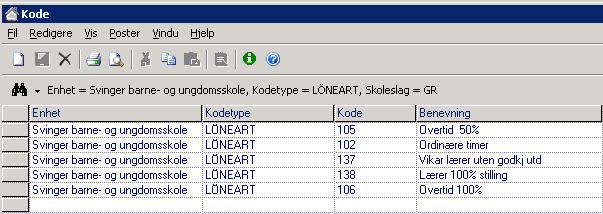 Nedenfor ser du eksempler på lønn og trekkartskoder.