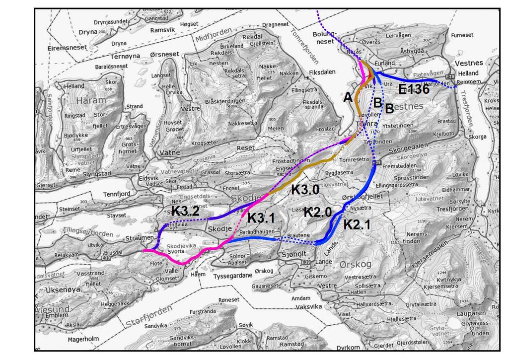 Resultat av silinga Dei utplukka konsepta som vil bli omtala i tilleggsutgreiinga er: K2.0 Ørskogfjellet, 2/3-felt (H5) (analogt med KVU E39 Ålesund-Bergsøya) K2.1 Ørskogfjellet, 4-felt (H8) K3.