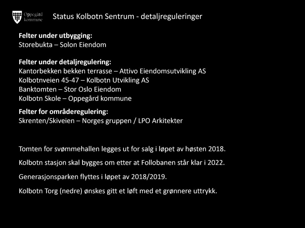 Status Kolbotn Sentrum - detaljreguleringer Felter under utbygging: Storebukta Solon Eiendom Felter under detaljregulering: Kantorbekken bekken terrasse Attivo Eiendomsutvikling AS Kolbotnveien 45-47