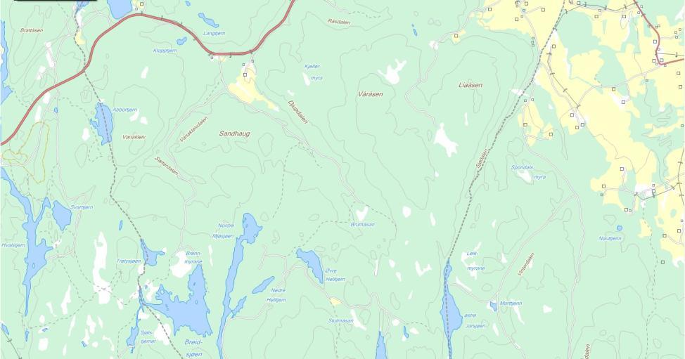 3 DAGENS SITUASJON Rv 170 planområde Kart 1. Kart som viser tiltaksområdets beliggenhet i forhold til hovedvei, bebyggelse, skogsbilveier og stisystem.