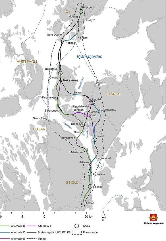 Figur 10: Strekning: Stord Os: Kilde: Statens Vegvesen En fastlandsforbindelse på strekningen Stord Os vil føre til reduserte reisetider mellom øyene i Sunnhordaland og Bergenshalvøya, samt