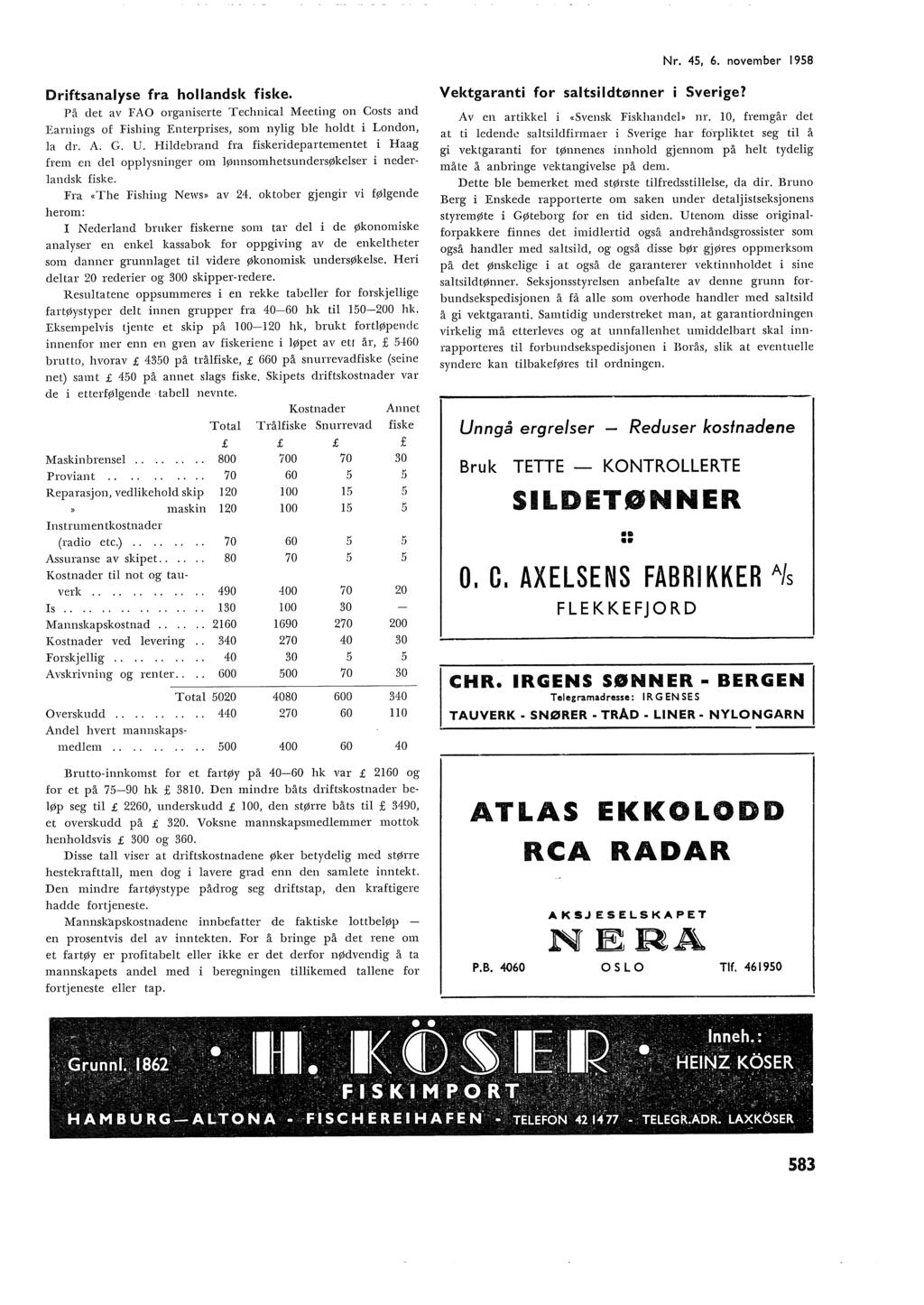 Nr. 45, 6. november 958 Driftsanayse fra hoandsk fiske. På det av FAO organiserte Technica Meeting on Costs and Earniugs of :Fishing Enterprises, som nyig be hodt i London, a dr. A. G. U.