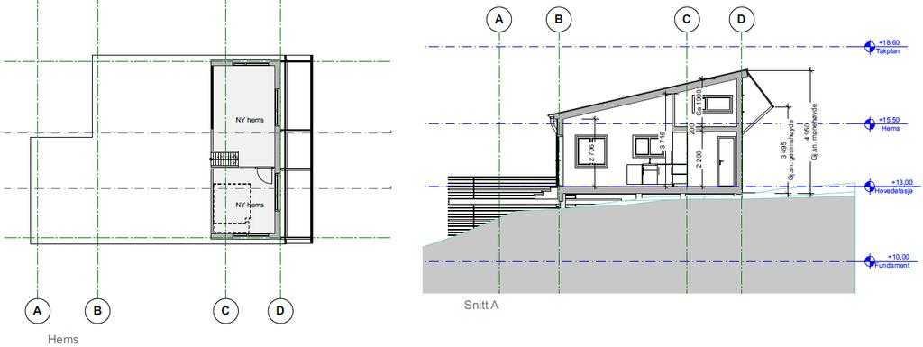 Plantegning av ny hems til venstre, og snitt av hytta med tilbygg til høyre Nærmere beskrivelse av plangrunnlaget Eiendommen er som nevnt innledningsvis avsatt til område for bebyggelse og anlegg,