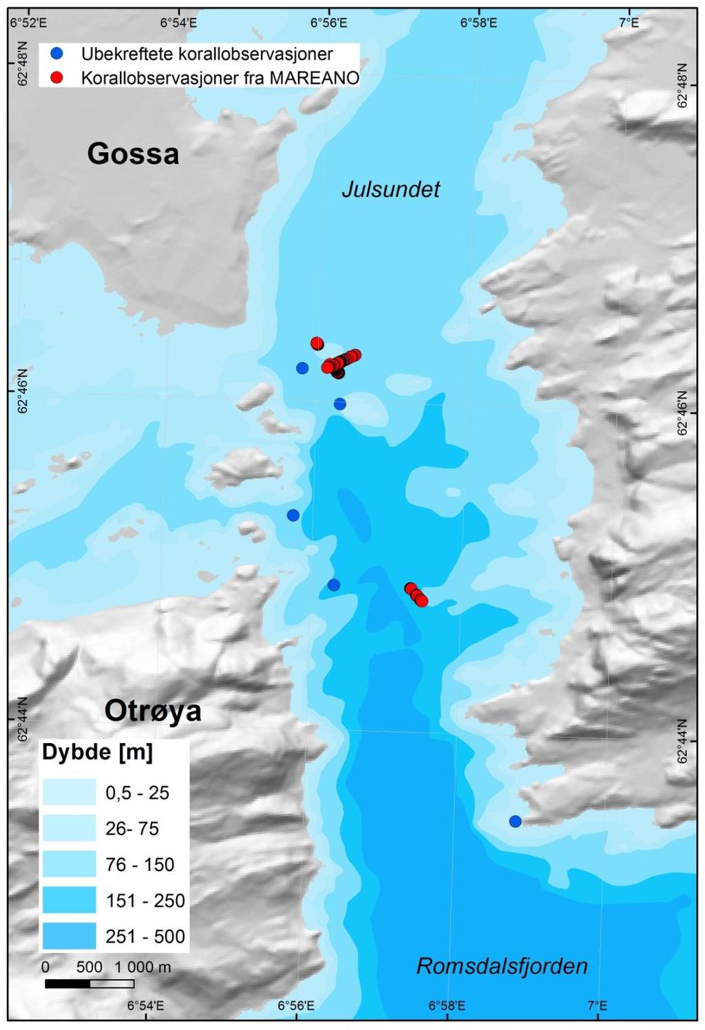 Figur 4. Tidligere korallobservasjoner i GisLink (www.gislink.no/havsjekk) inkludert korallobservasjoner fra MAREANO (www.mareano.no). På Kjerringrevet midt i Julsundet er koraller bekreftet. 2.