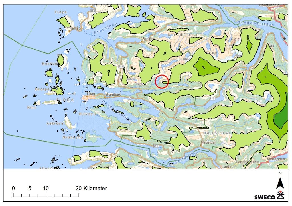 28 Figur 3.8 Oversiktskart over INON-område i regionen rundt Flora kommune. Prosjektområdet ligg innanfor den raude sirkelen. Landskap 3.9.