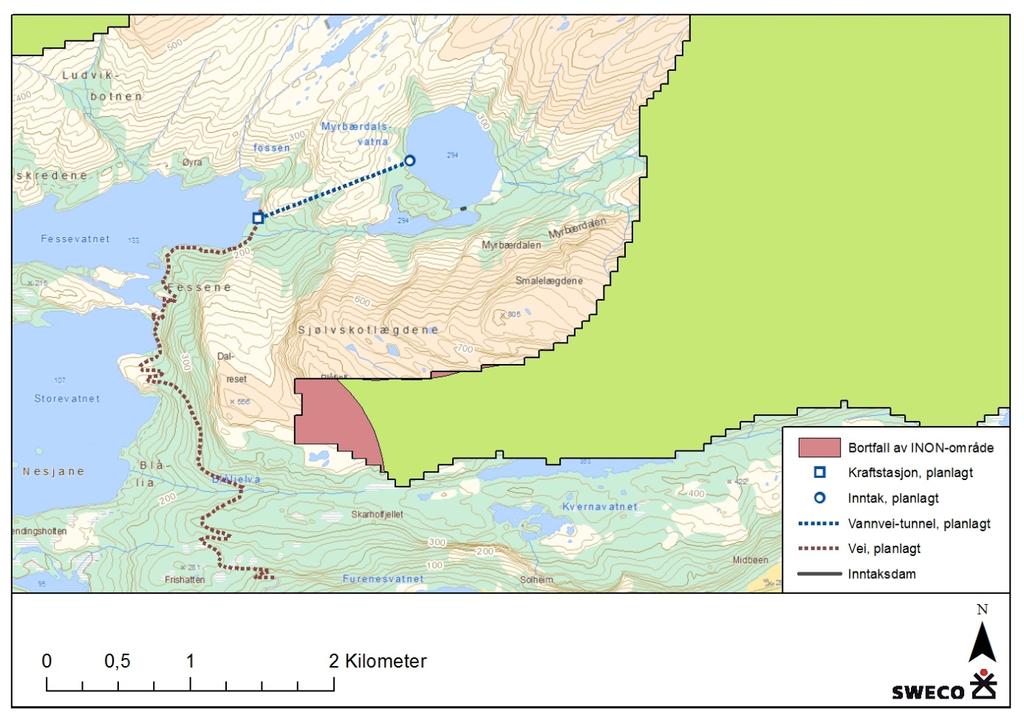 29 Myrbærdalsvatna er planlagd regulert til saman like under 1m, noko som tilsvarar naturleg variasjon i vasstand. Sjølve reguleringa av vatnet vil derfor ikkje påverke INON-område.