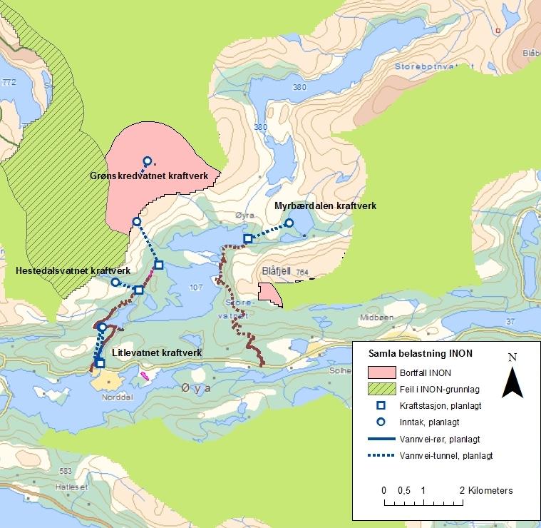 35 Figur 3.11 Geografisk oversikt over samla bortfall av INON ved realisering av alle prosjekta som planleggjast av SFE i Norddalsvassdraget. Landskap Det er fleire viktige landskapselement i området.