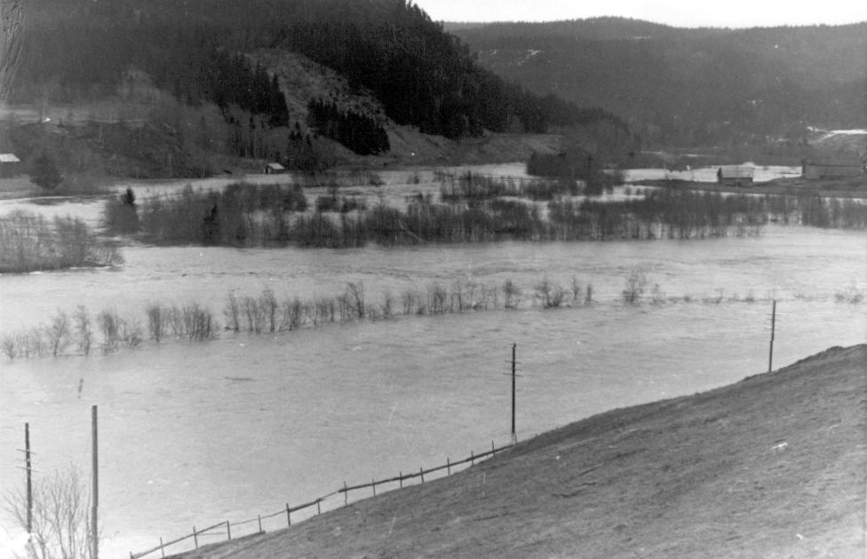Figur 8. Holmsberget bro ved samløpet mellom Inna og Verdalselv under flommen i 1947. Broen reiste til slutt av gårde.