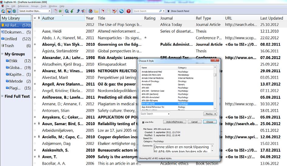 Siteringene og referanselista skal nå være i henhold til stilen APA 6th på norsk. TIPS! APA 6th på norsk finnes ikke automatisk i EndNote.