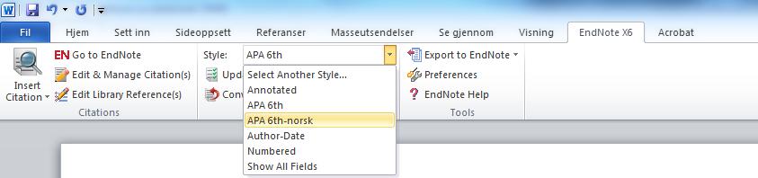 Du kan også velge stil via EndNote: Klikk på Go to EndNote Velg Select another style Stilene ligger alfabetisk.