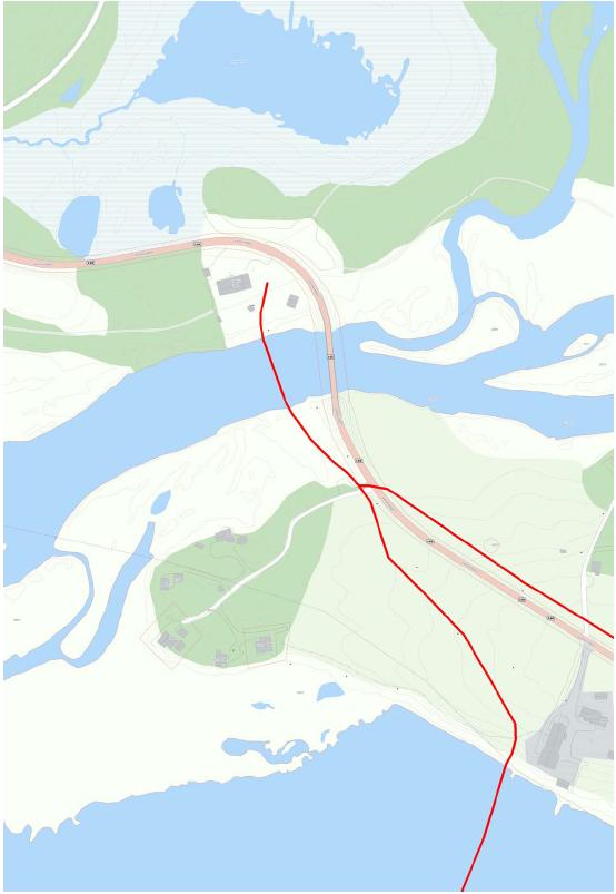 Kart 1: Viser utdrag fra kart over området ved Vera samfunnshus og Strådøla. Foreslått ny trase er lagt inn med rød sammenhengende strek.