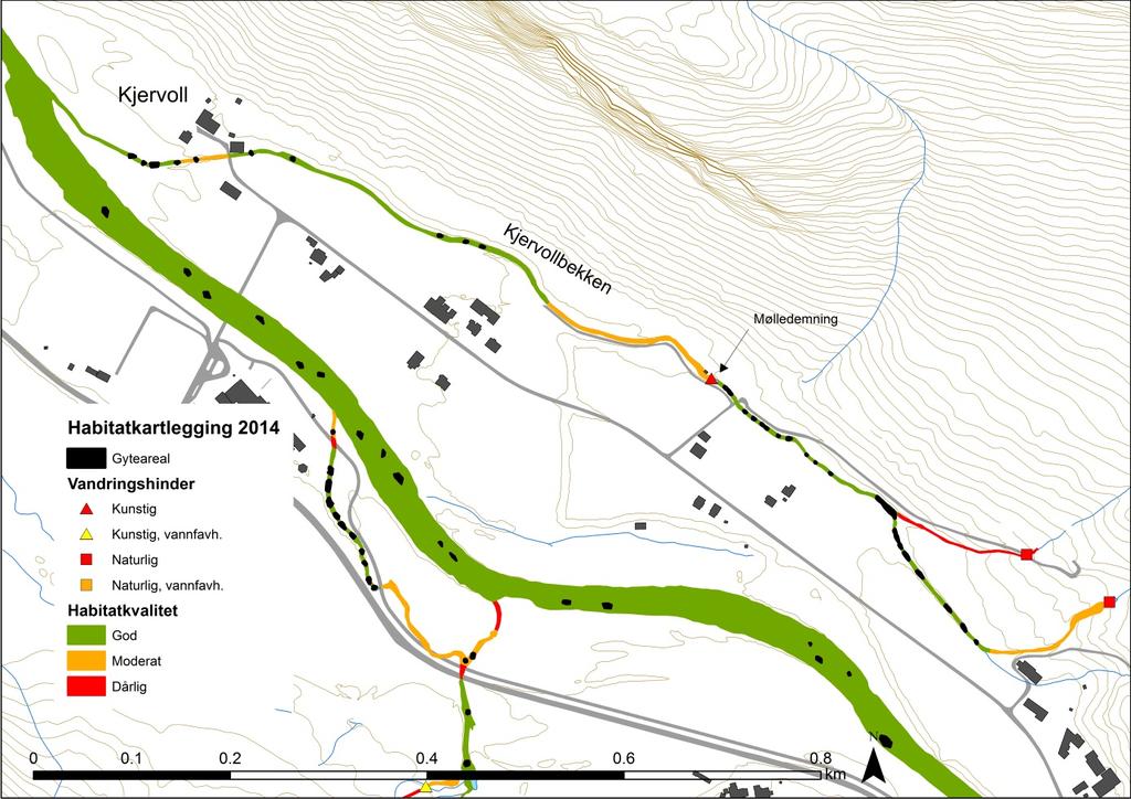 Figur 13. Kart over gytemuligheter og habitatkvalitet i bekken ved Kjervoll.