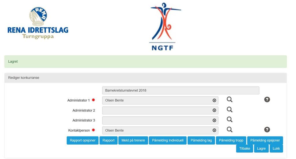 Trykk og følgende bilde kommer opp: Flere knapper er gjort tilgjengelig nederst. Nå kan den/de som er satt opp til å administrere påmeldingen til konkurransen ta over og gjøre resten.