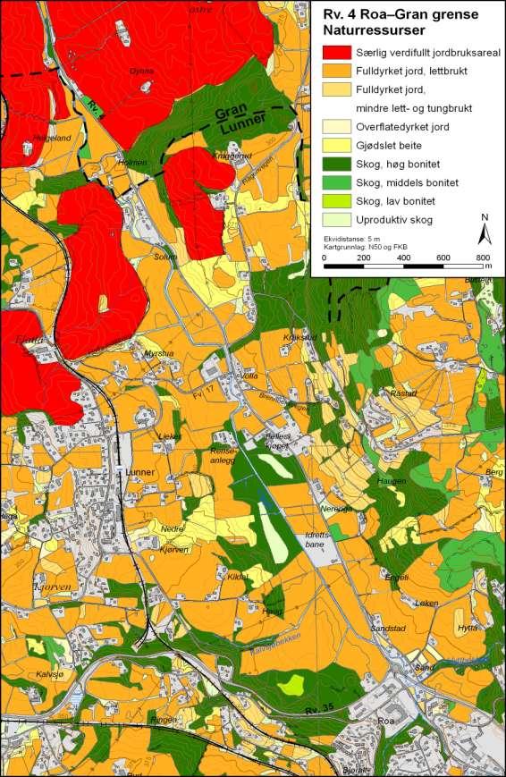 Kommunedelplan rv. 4 Roa Gran grense Temarapport naturressurser Figur 4-1. Arealtilstand.