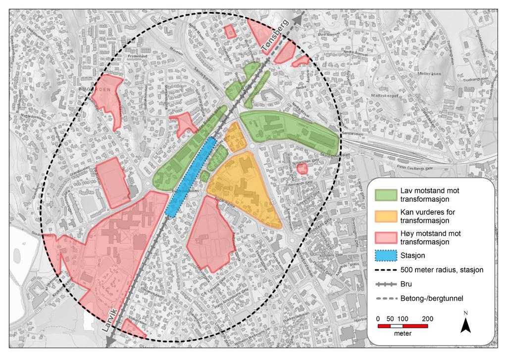 8.2 Potensial for konsentrert byvekst Figur 8-2 Potensial for transformasjon ved stasjon i Torp vest- og Unnebergkorridoren.