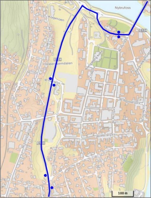 Anbefalt løsning for ny adkomst til Vestsiden bydel (se kapitel 5.6) vil endre dagens rute litt, og bussholdeplass i Hasbergs vei må flyttes til Bussedalen.