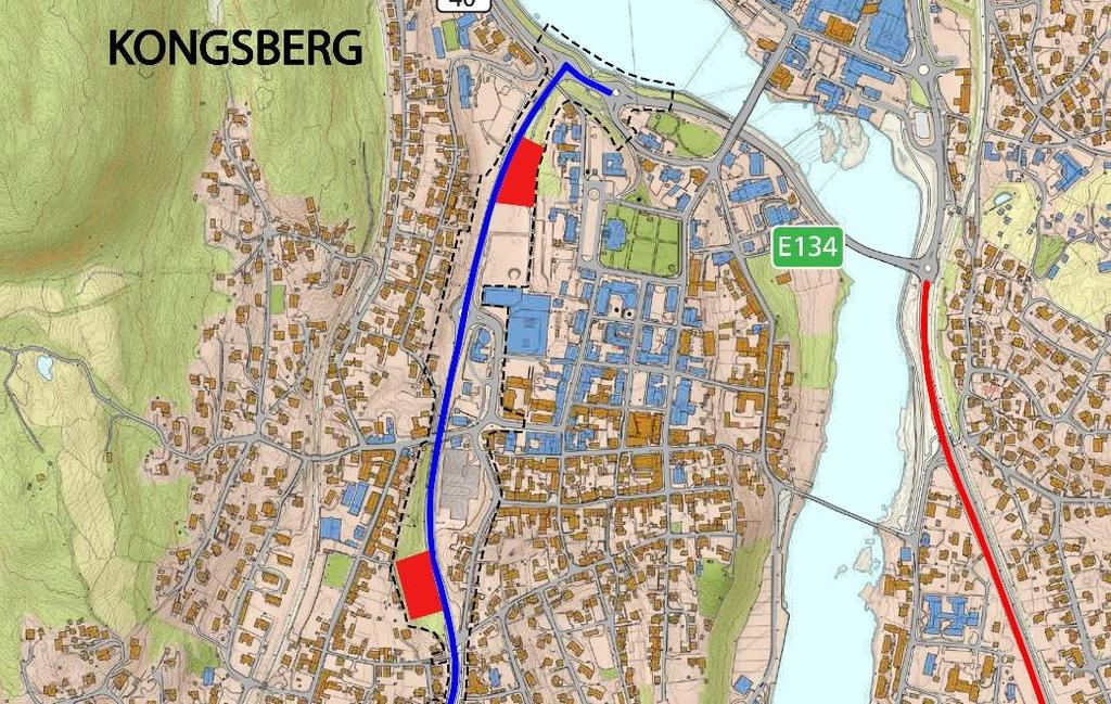 Figur 7-1 Mulige riggområder er markert med rødt areal. 7.2.2 Trafikkavvikling i anleggsperioden Utbyggingsrekkefølge er ikke avklart. Trafikkavvikling og faseplaner skal planlegges i byggeplanen.