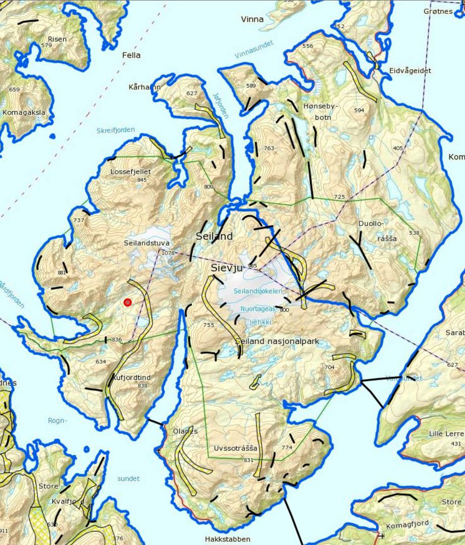 Flyttleier (gule områder) og trekkleier (svarte streker) på Seiland.