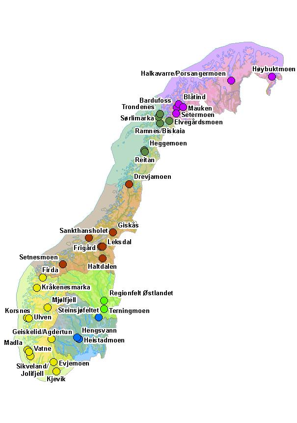 Figur 1: De 35 skyte- og øvingsfeltene som