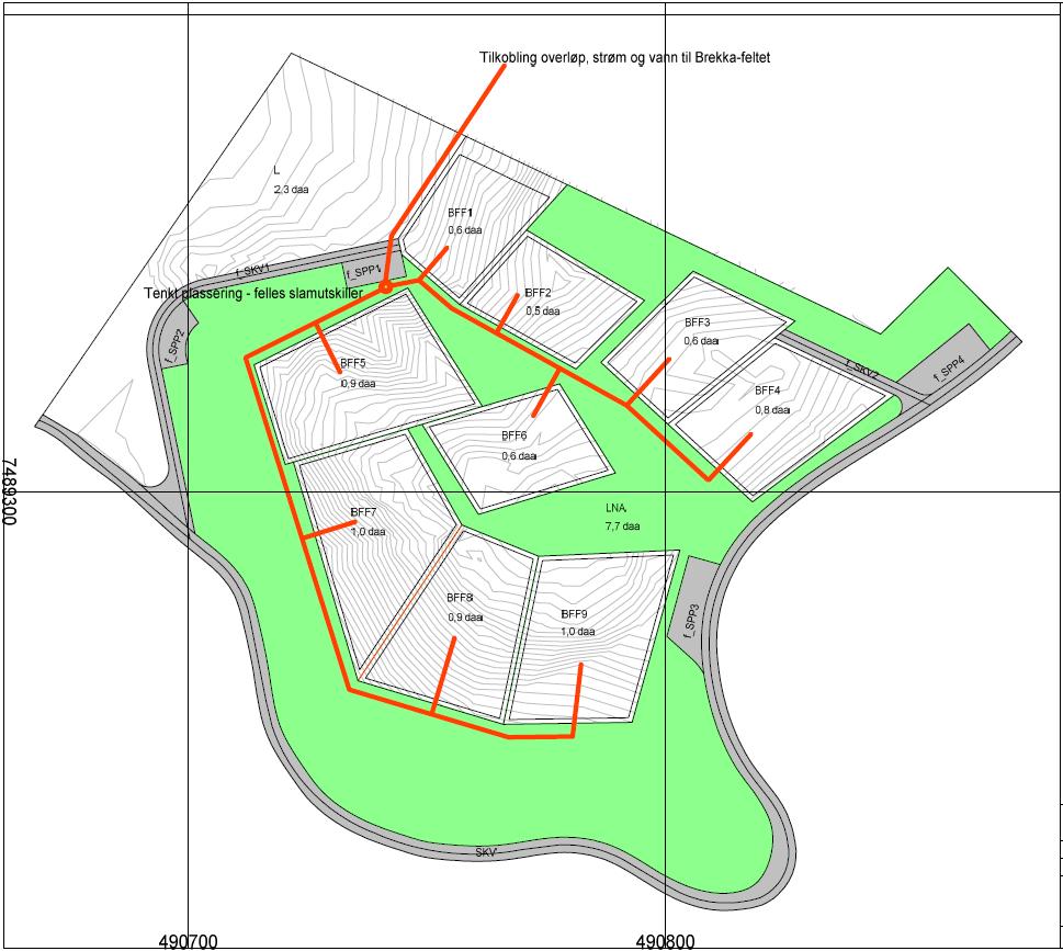 Plan for vann- og avløp samt tilknytning til offentlig nett Det er avtalt samarbeid om vann og avløp med utbyggerne av hyttefeltet Brekka, tilknytning til offentlig nett vil skje via den planlagte