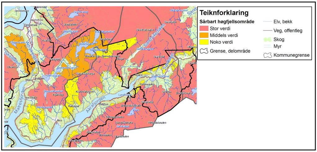 Kart 10 Sårbart høgfjell (Kjelde: Fylkesdelplan for små vasskraftverk 2009 2021, Hordaland fylkeskommune). Analyseområde nr. 15. Areal 4 (jf. figur 1). Randsone til Folgefonna nasjonalpark.